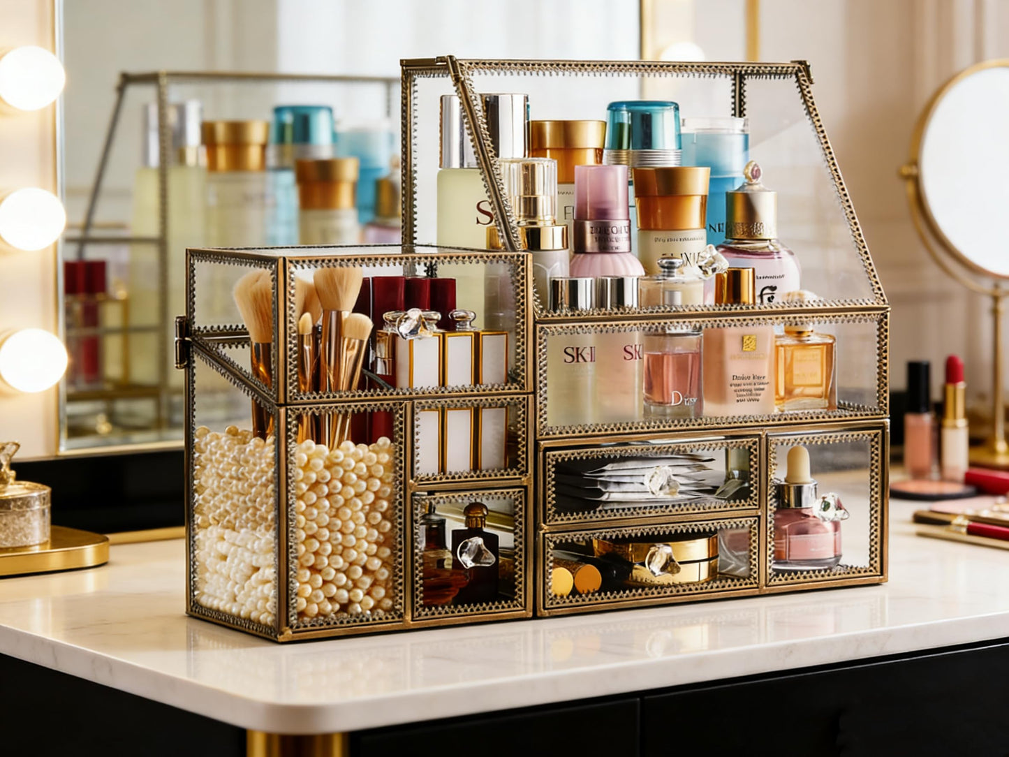 Glass Cosmetic Organizer with Stackable Drawers