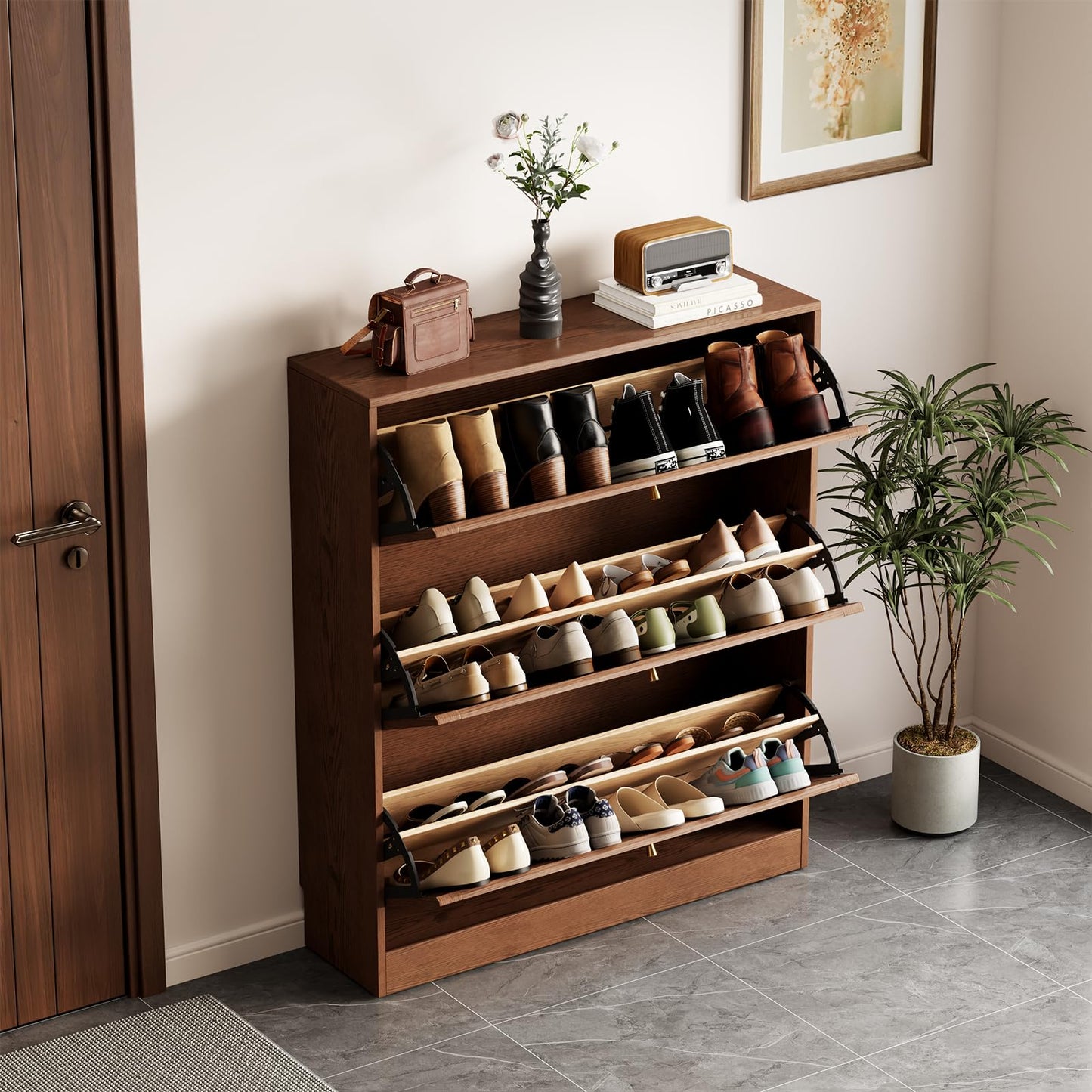 Solid Wood Shoe Storage Cabinet with Flip Drawers