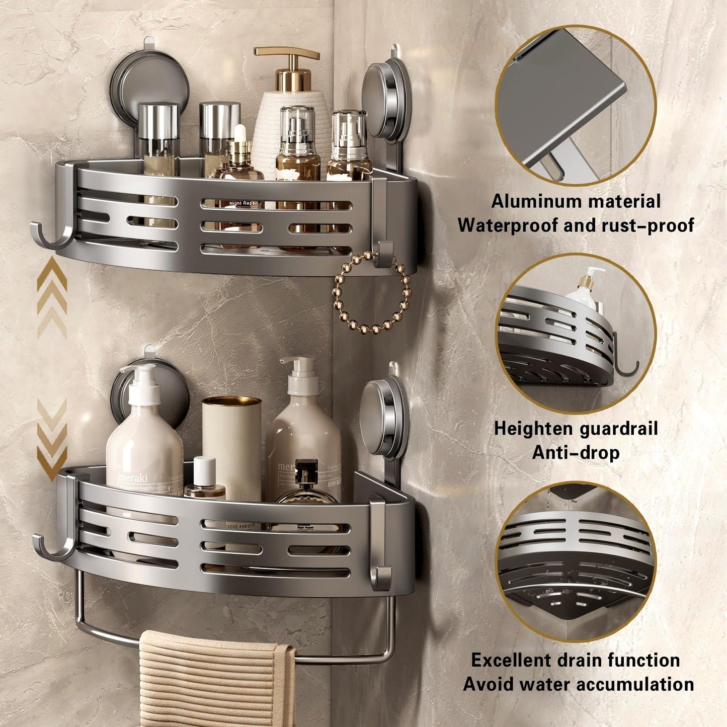 Corner Shower Caddy with Suction Cups and Hooks