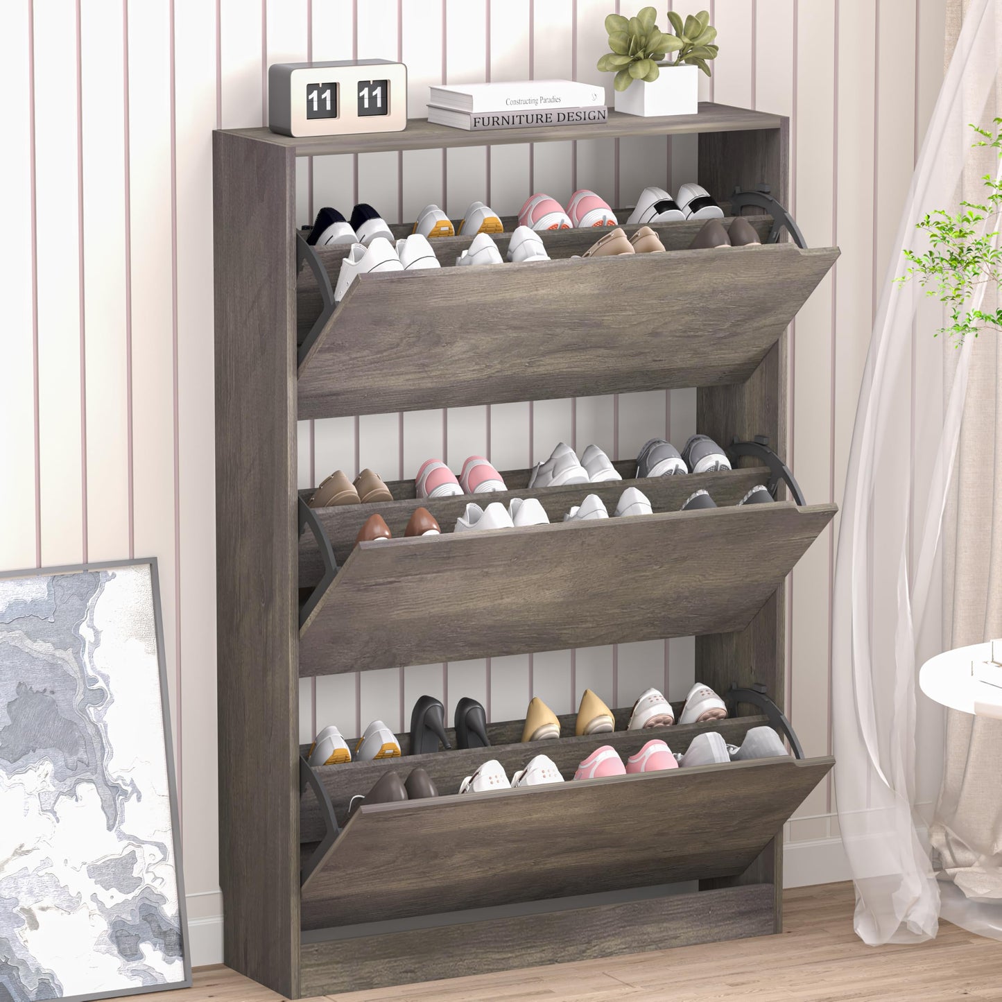 Wooden Shoe Cabinet with Flip Drawers