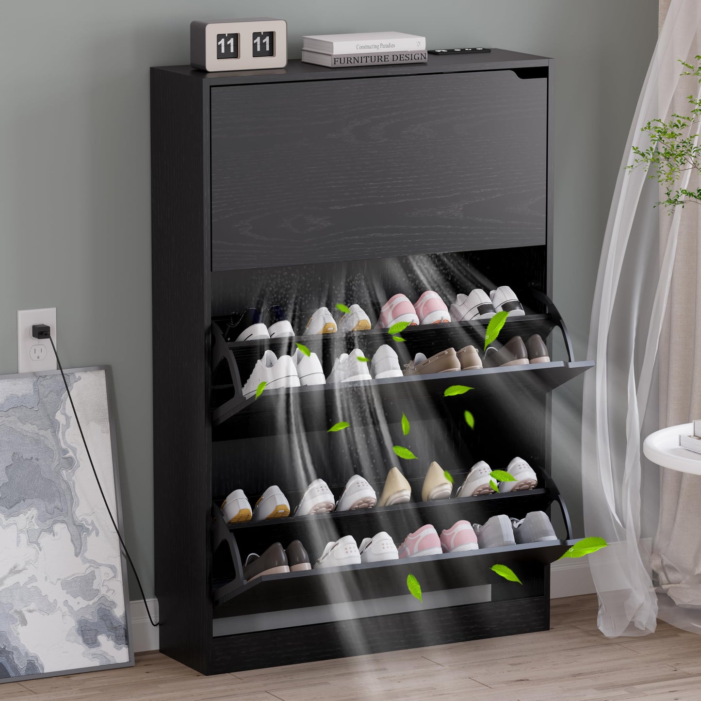 Wooden Shoe Cabinet with Flip Drawers