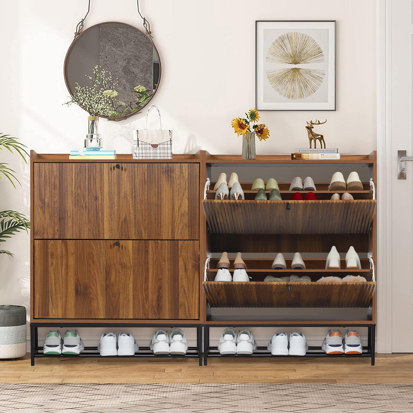 Fluted Shoe Storage Cabinet with Flip Drawers