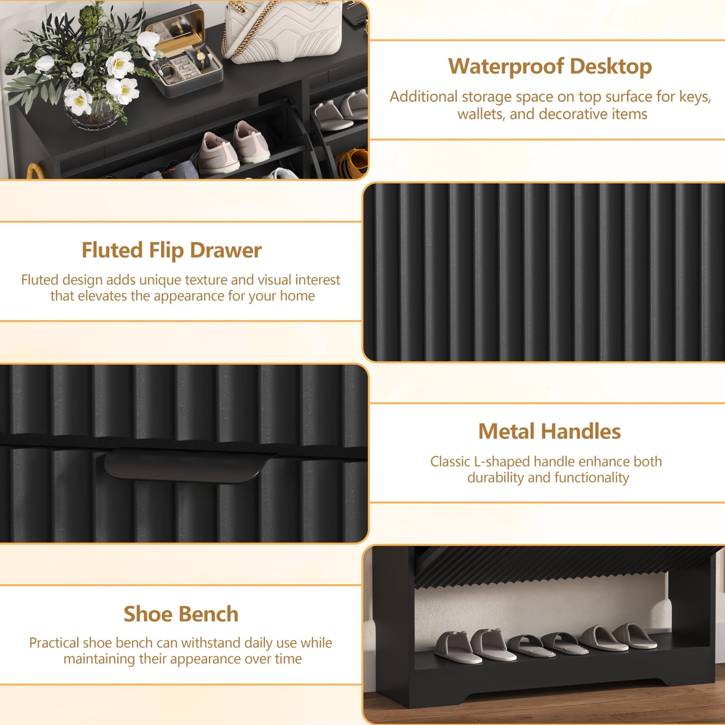 Fluted Shoe Cabinet with Flip Drawers