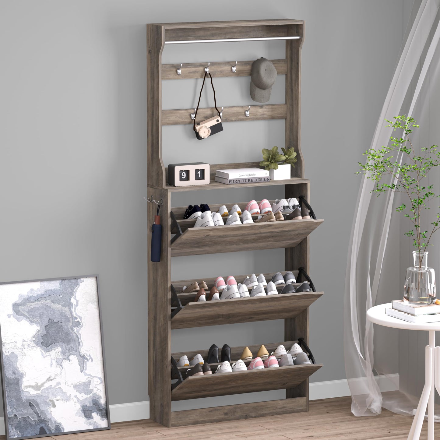 Wooden Shoe Cabinet with Flip Drawers