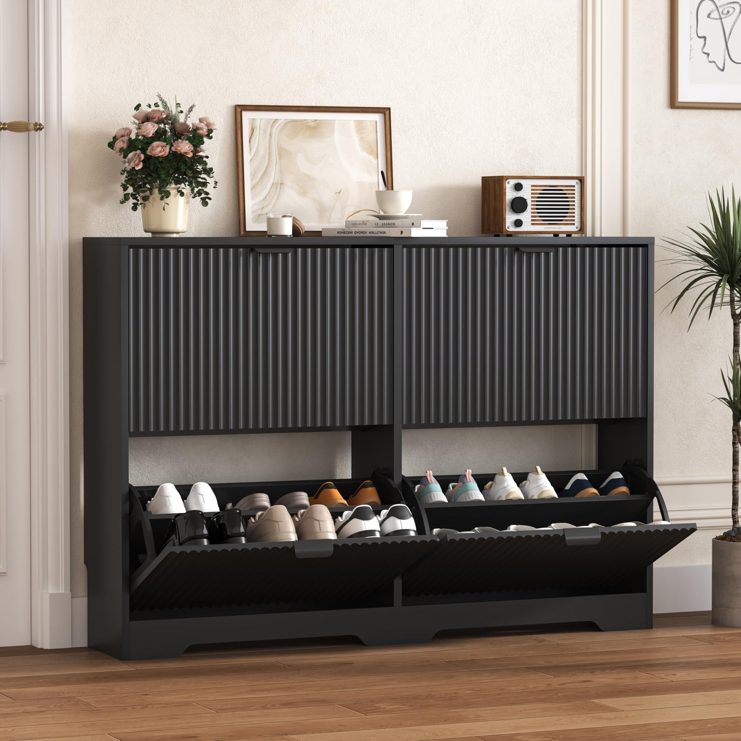 Fluted Shoe Cabinet with Flip Drawers