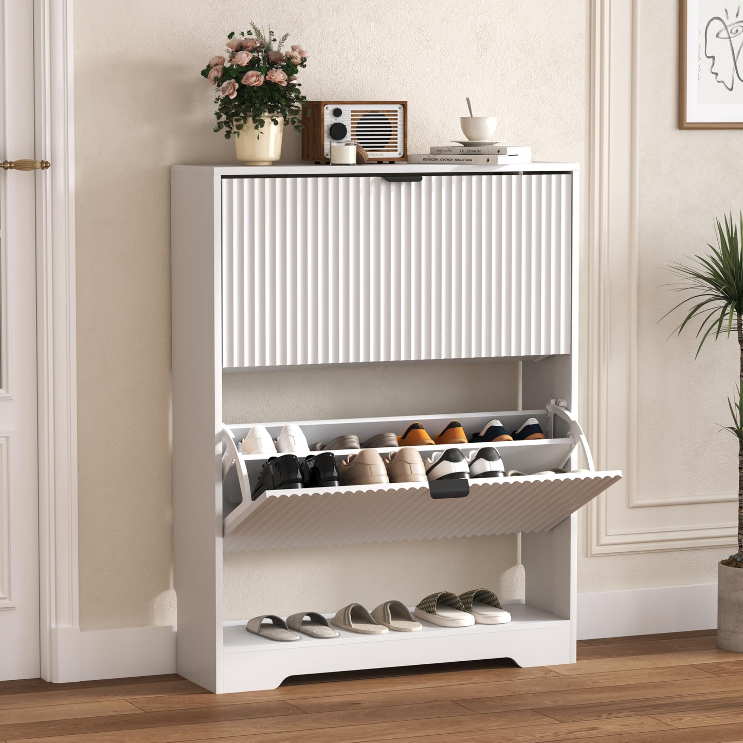 Fluted Shoe Cabinet with Flip Drawers