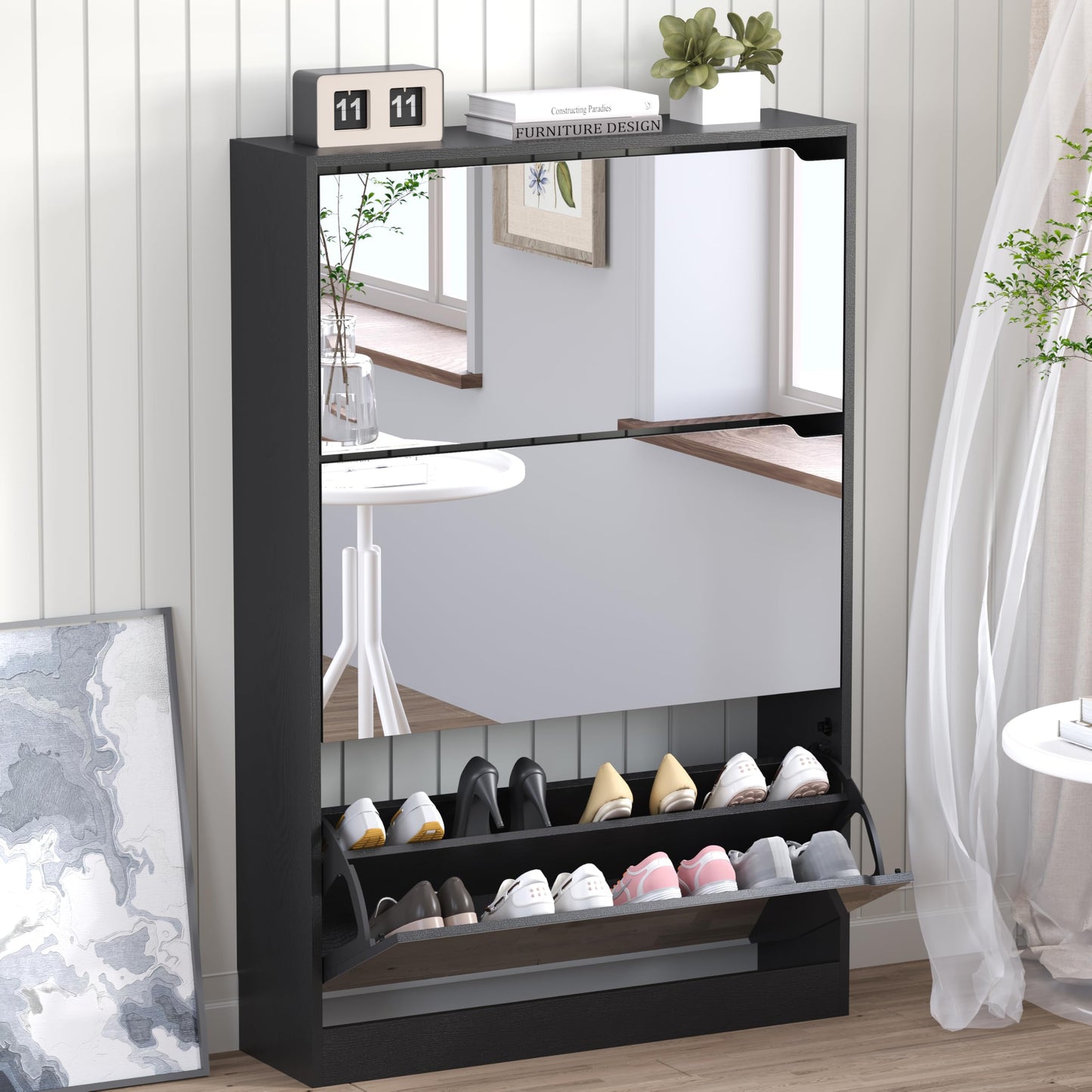 Wooden Shoe Cabinet with Flip Drawers