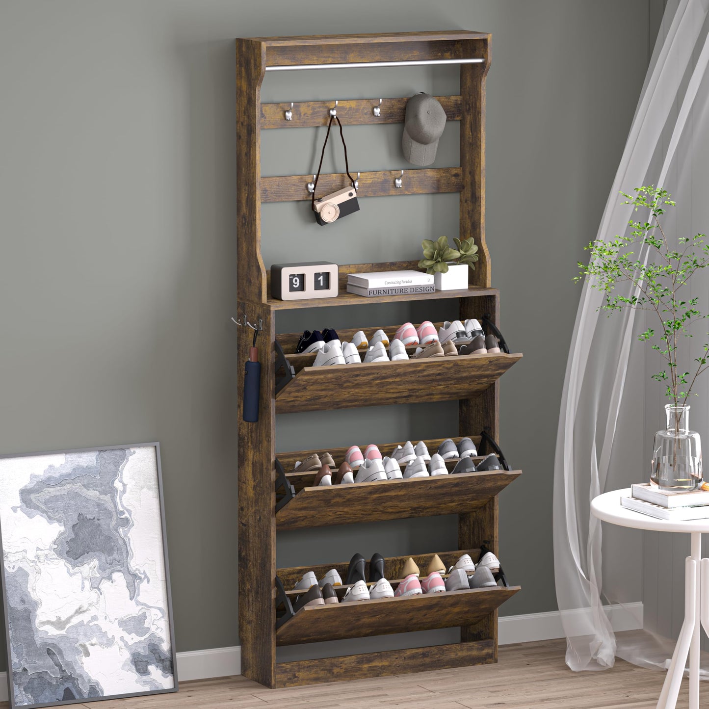 Wooden Shoe Cabinet with Flip Drawers