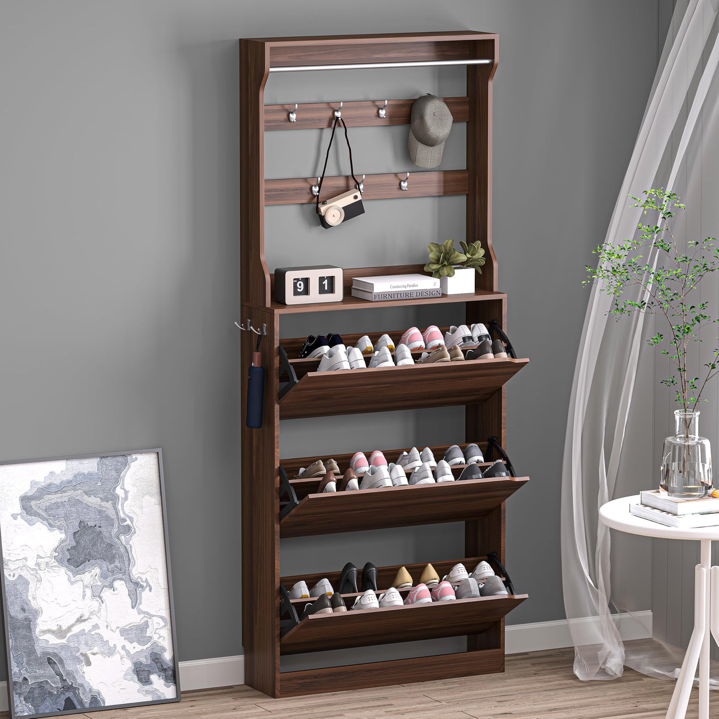 Wooden Shoe Cabinet with Flip Drawers