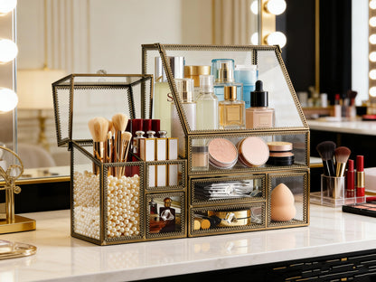 Glass Cosmetic Organizer with Stackable Drawers