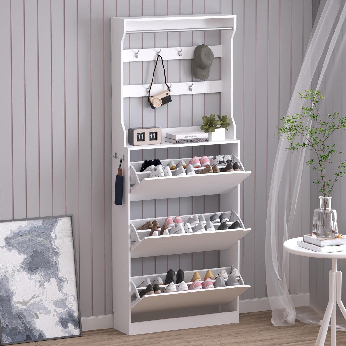 Wooden Shoe Cabinet with Flip Drawers