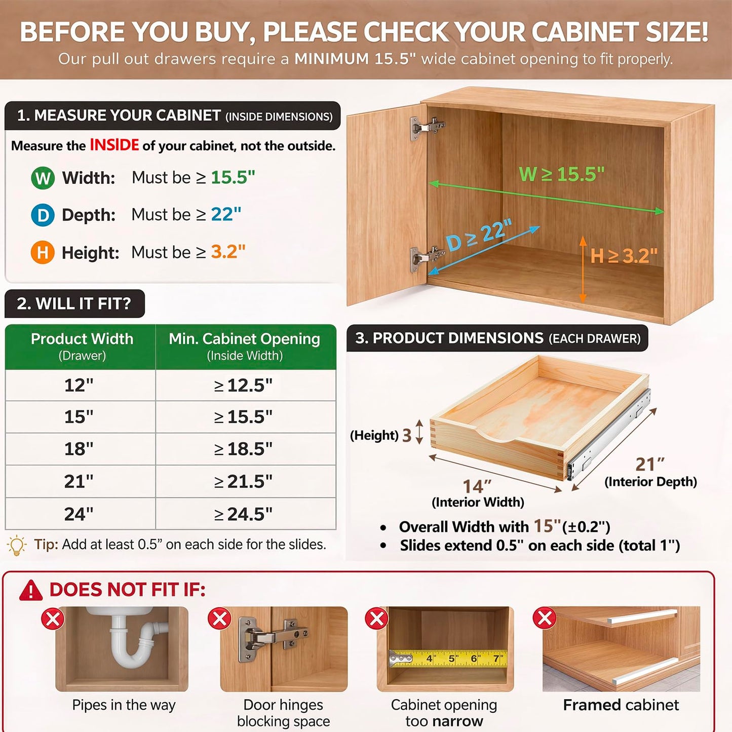 Wooden Pull Out Cabinet Organizer Tray