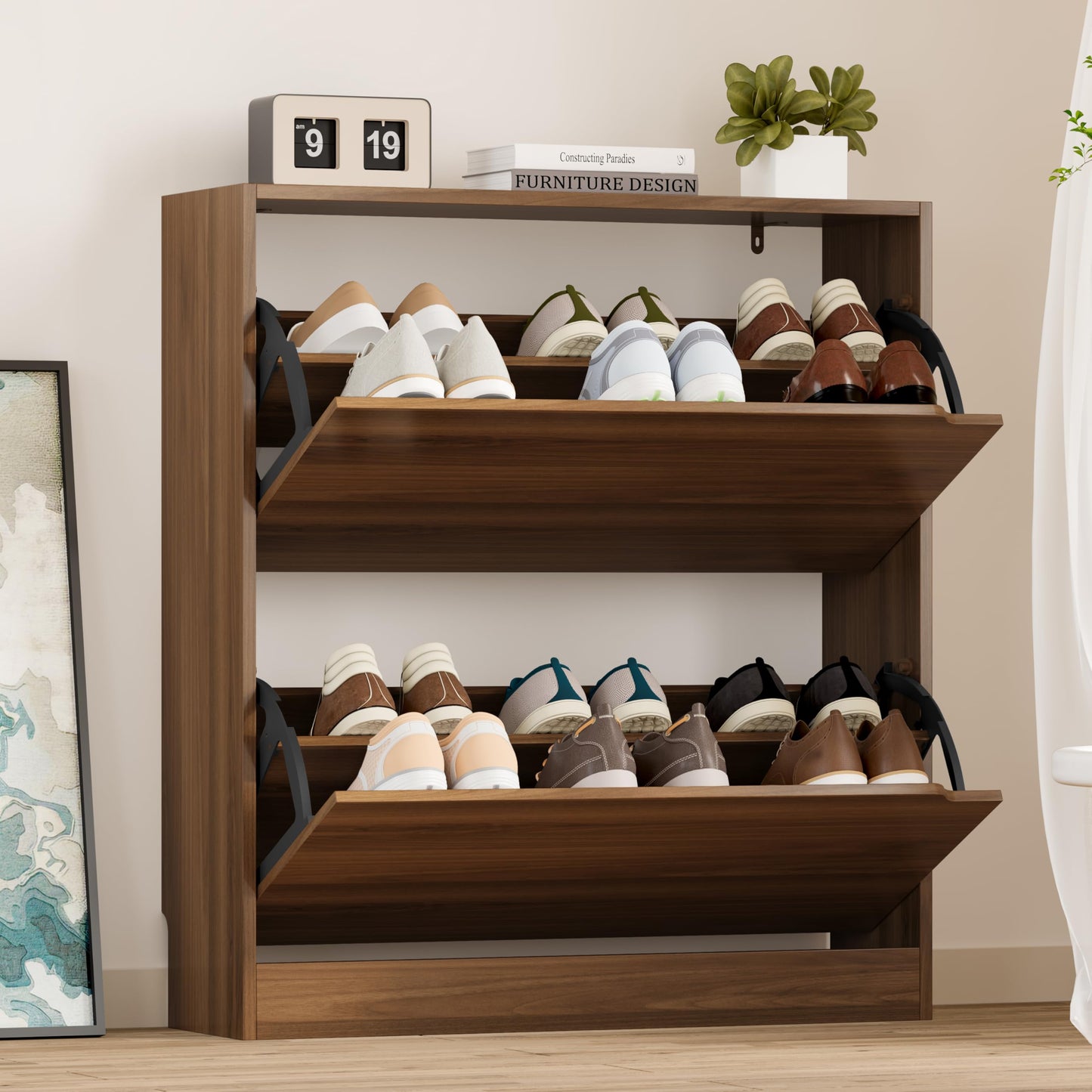 Wooden Shoe Cabinet with Flip Drawers