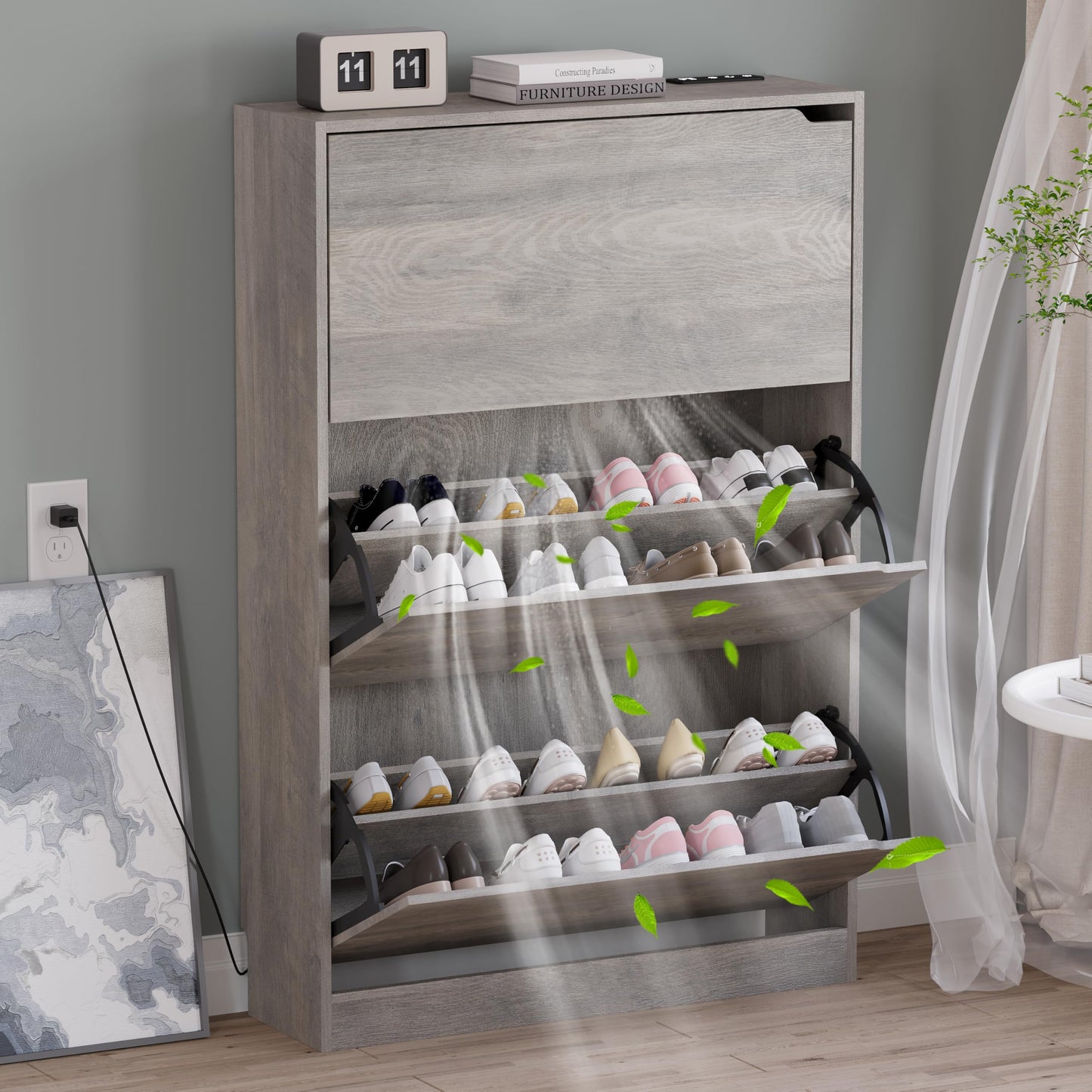 Wooden Shoe Cabinet with Flip Drawers