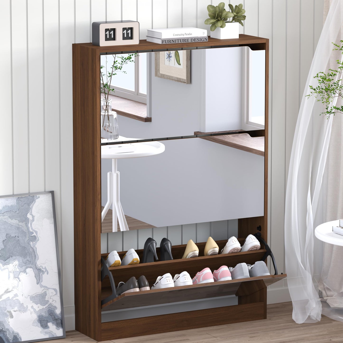 Wooden Shoe Cabinet with Flip Drawers