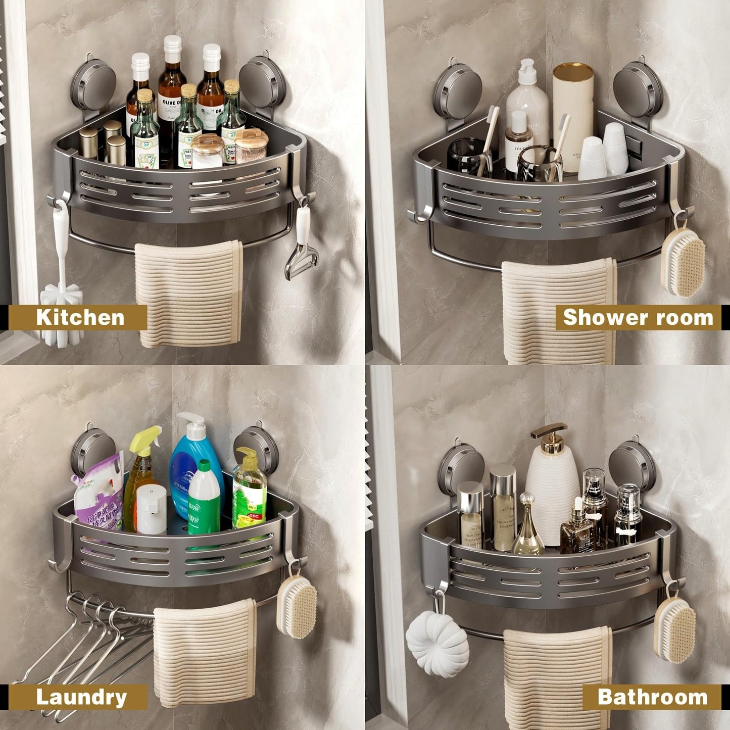 Corner Shower Caddy with Suction Cups and Hooks