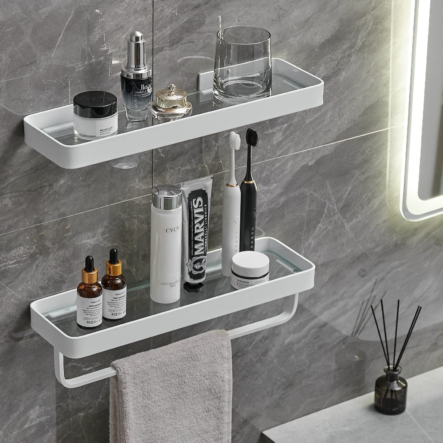 2-Tier Glass Bathroom Wall Shelf with Towel Holder
