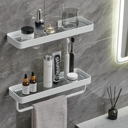 2-Tier Glass Bathroom Wall Shelf with Towel Holder
