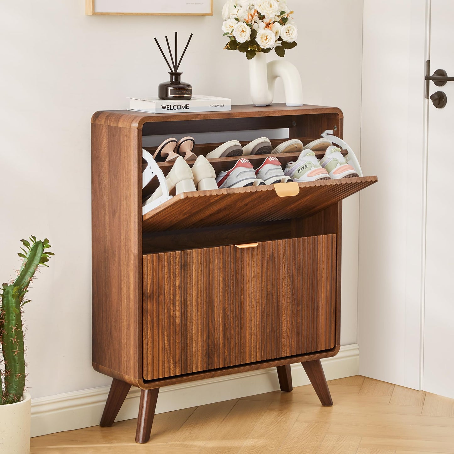 Fluted Shoe Storage Cabinet with Flip Drawers