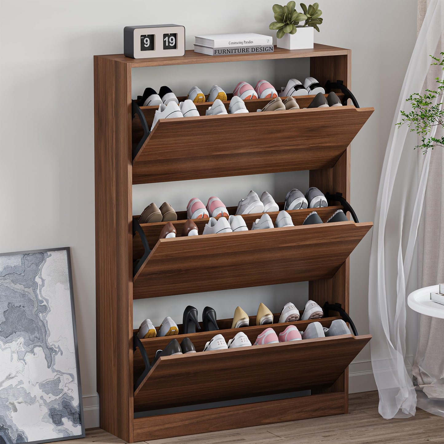 Wooden Shoe Cabinet with Flip Drawers