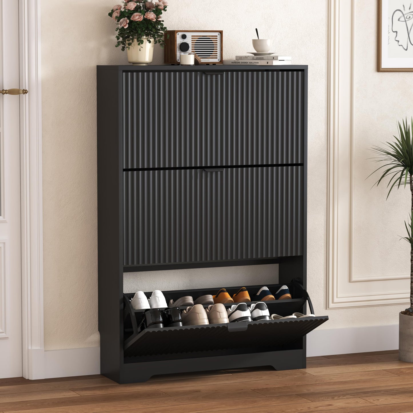 Fluted Shoe Cabinet with Flip Drawers