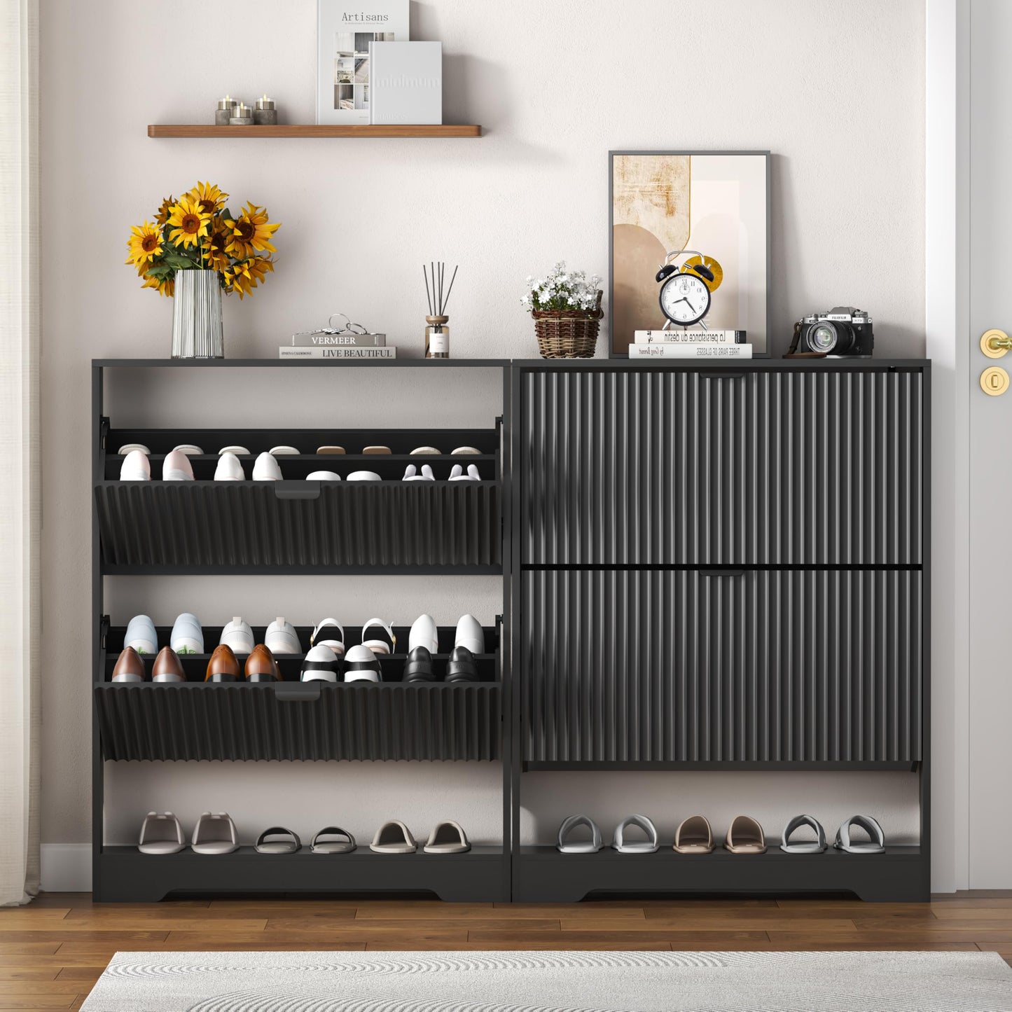 Fluted Shoe Cabinet with Flip Drawers