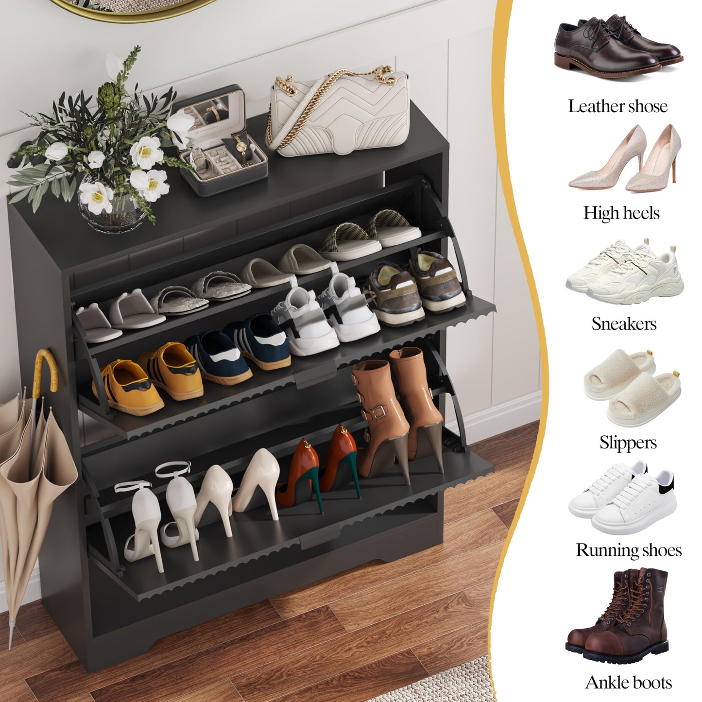 Fluted Shoe Cabinet with Flip Drawers