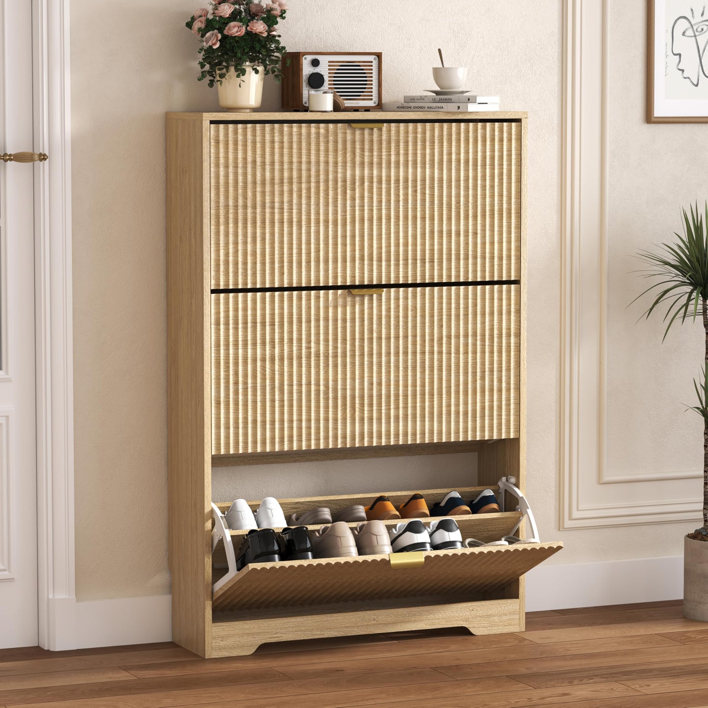 Fluted Shoe Cabinet with Flip Drawers