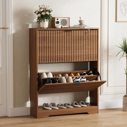 Fluted Shoe Cabinet with Flip Drawers