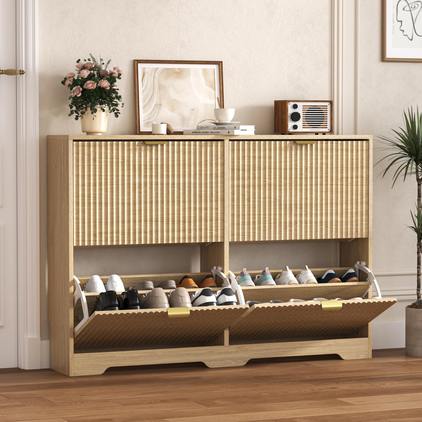 Fluted Shoe Cabinet with Flip Drawers