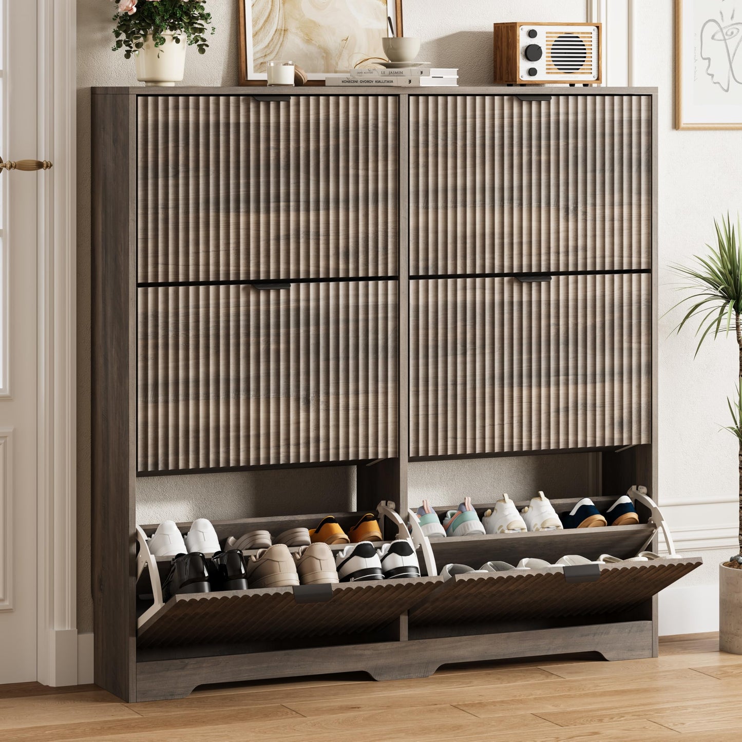 Fluted Shoe Cabinet with Flip Drawers