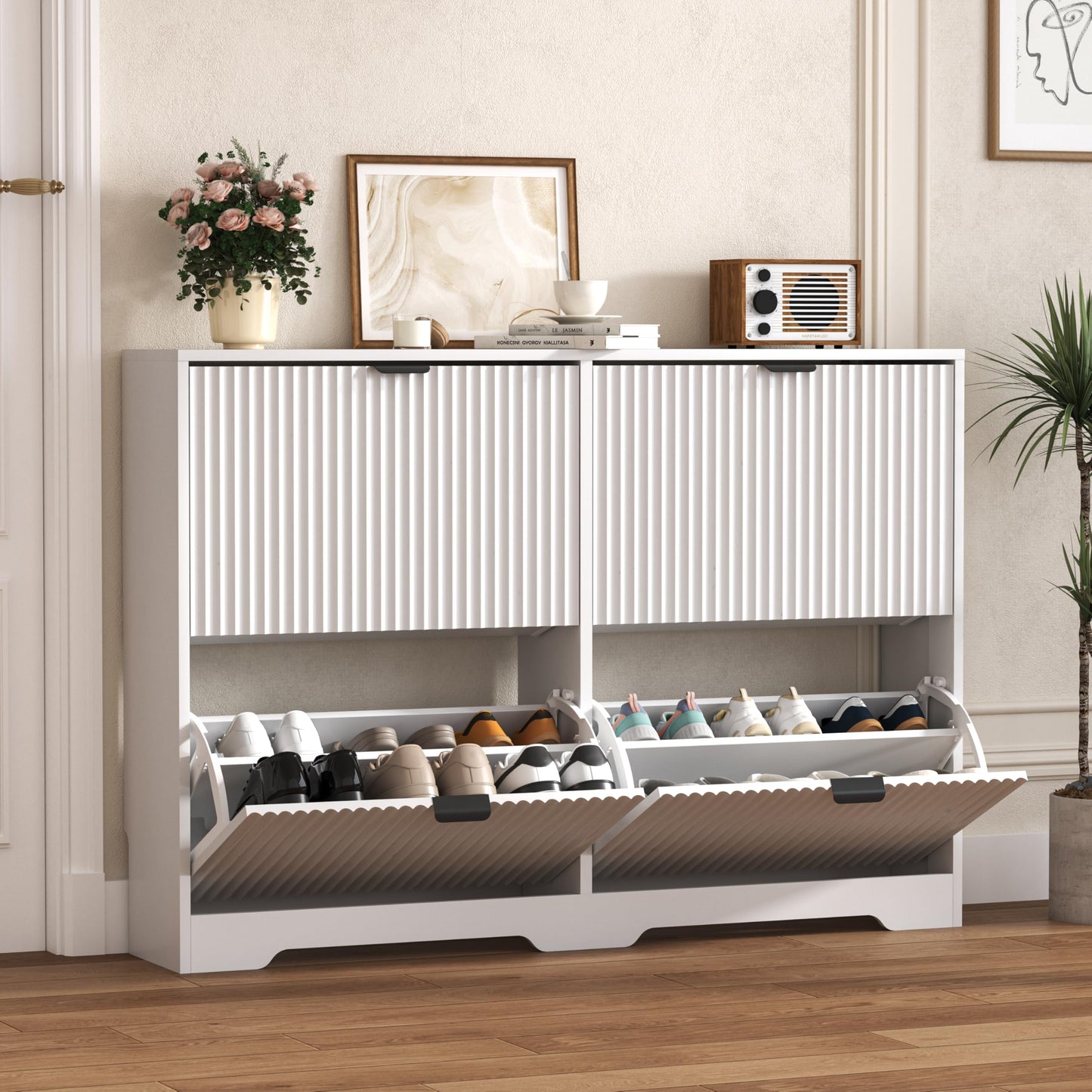 Fluted Shoe Cabinet with Flip Drawers