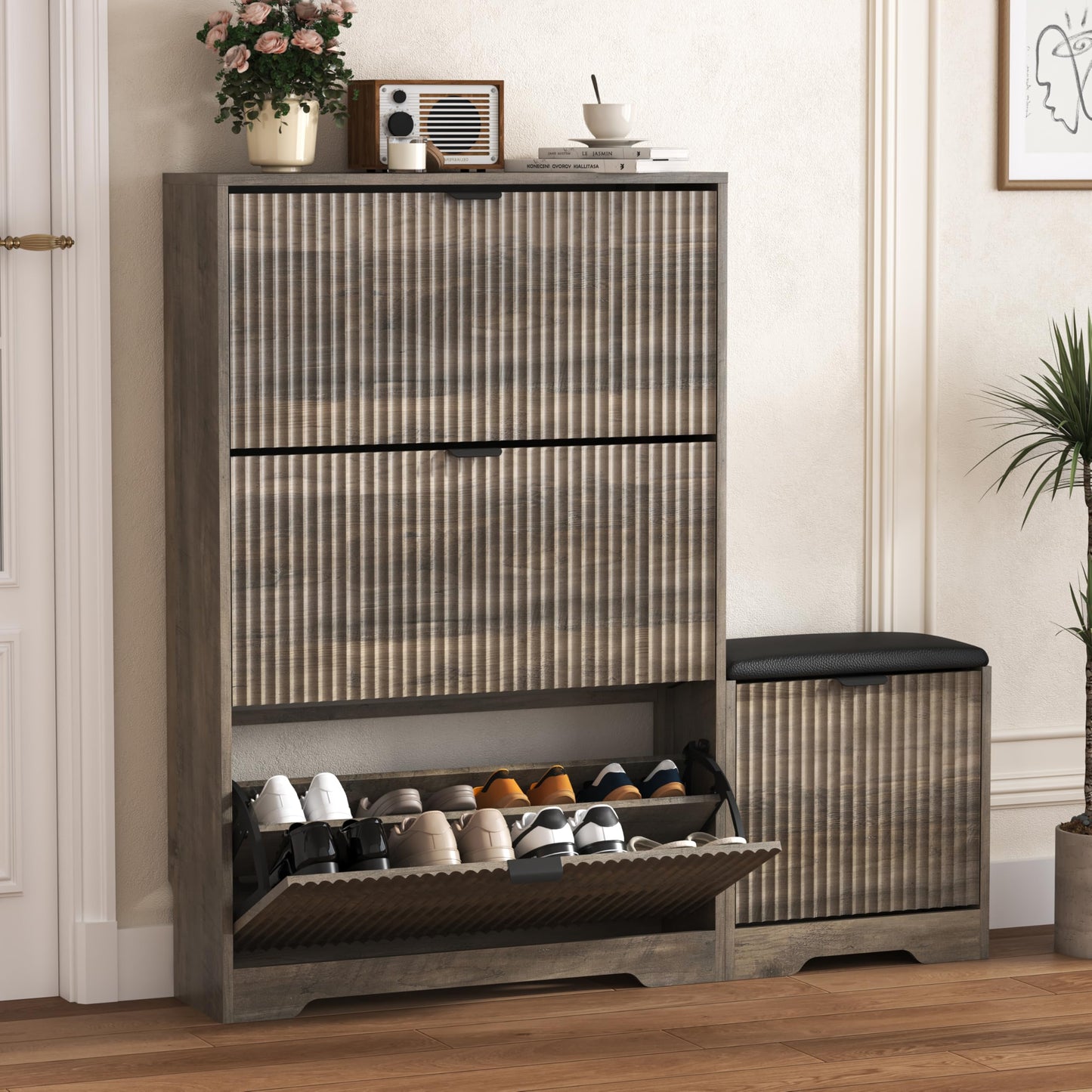 Fluted Shoe Cabinet with Flip Drawers
