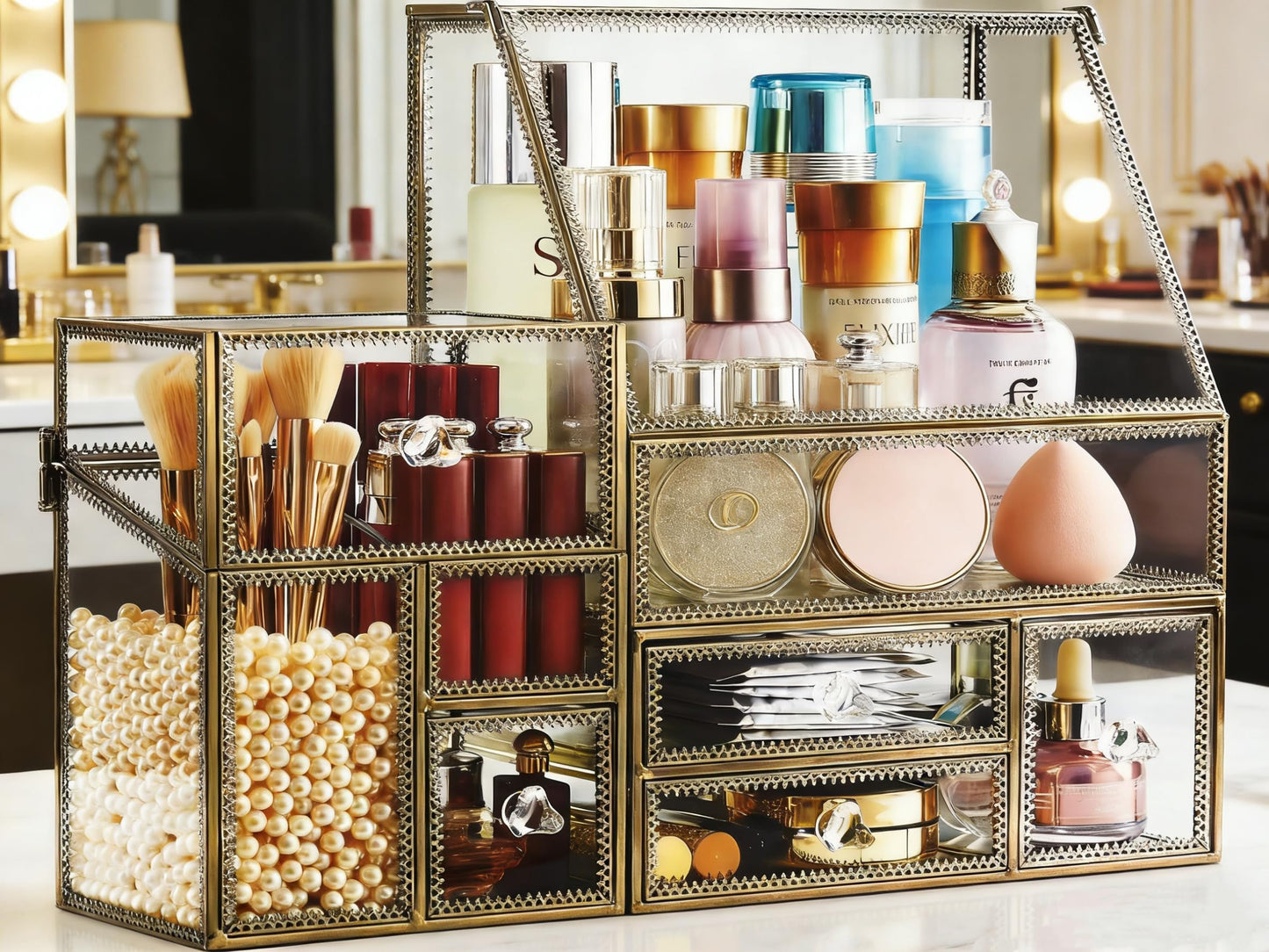 Glass Cosmetic Organizer with Stackable Drawers