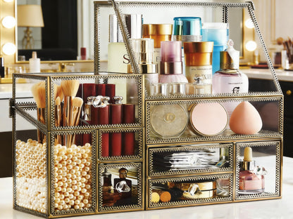 Glass Cosmetic Organizer with Stackable Drawers