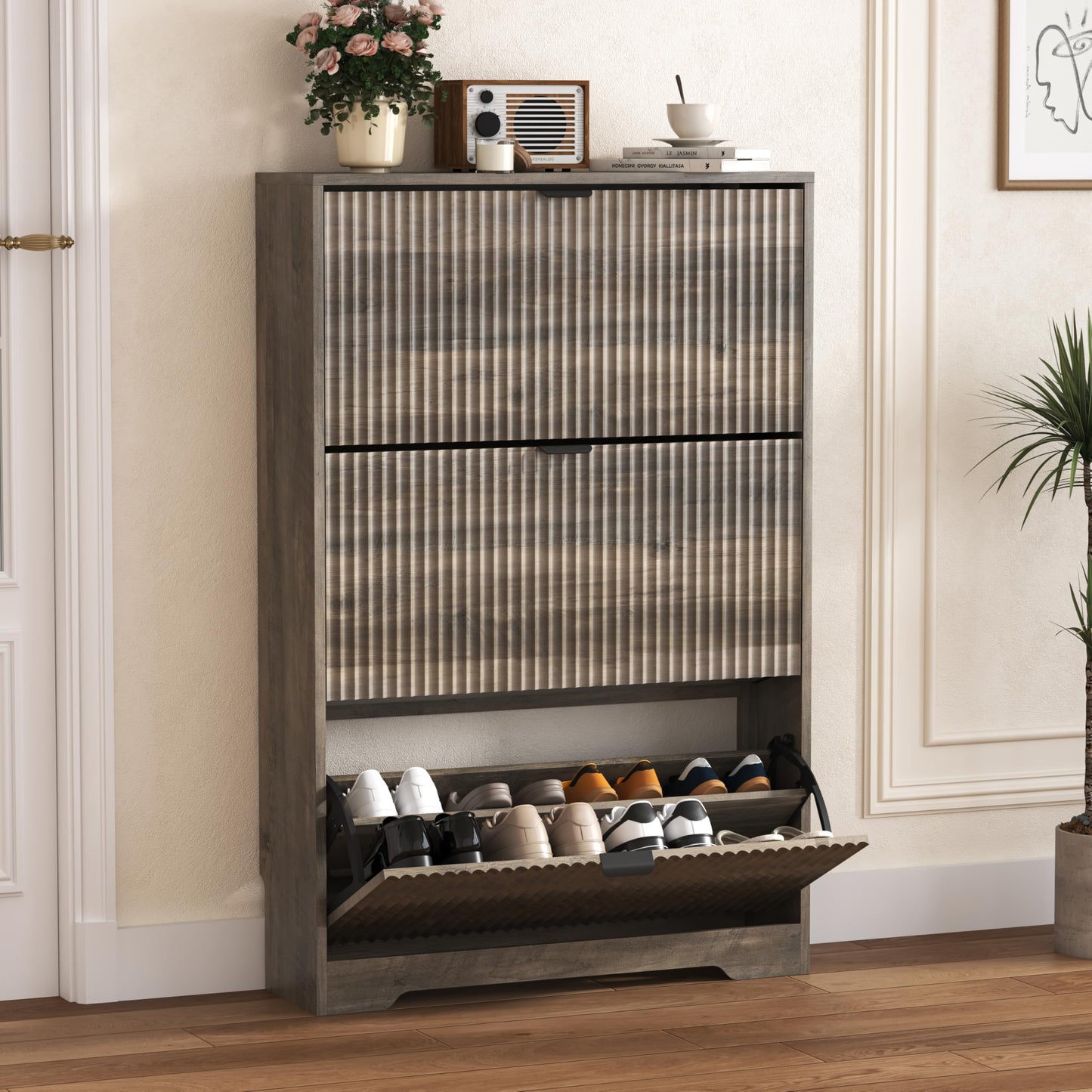 Fluted Shoe Cabinet with Flip Drawers
