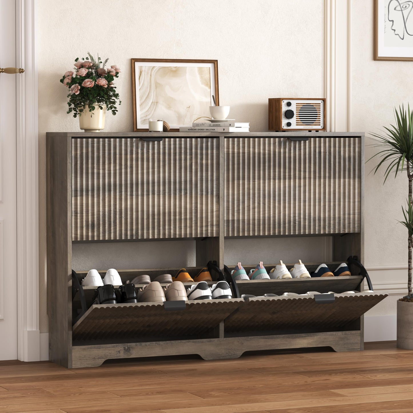 Fluted Shoe Cabinet with Flip Drawers