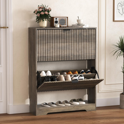 Fluted Shoe Cabinet with Flip Drawers
