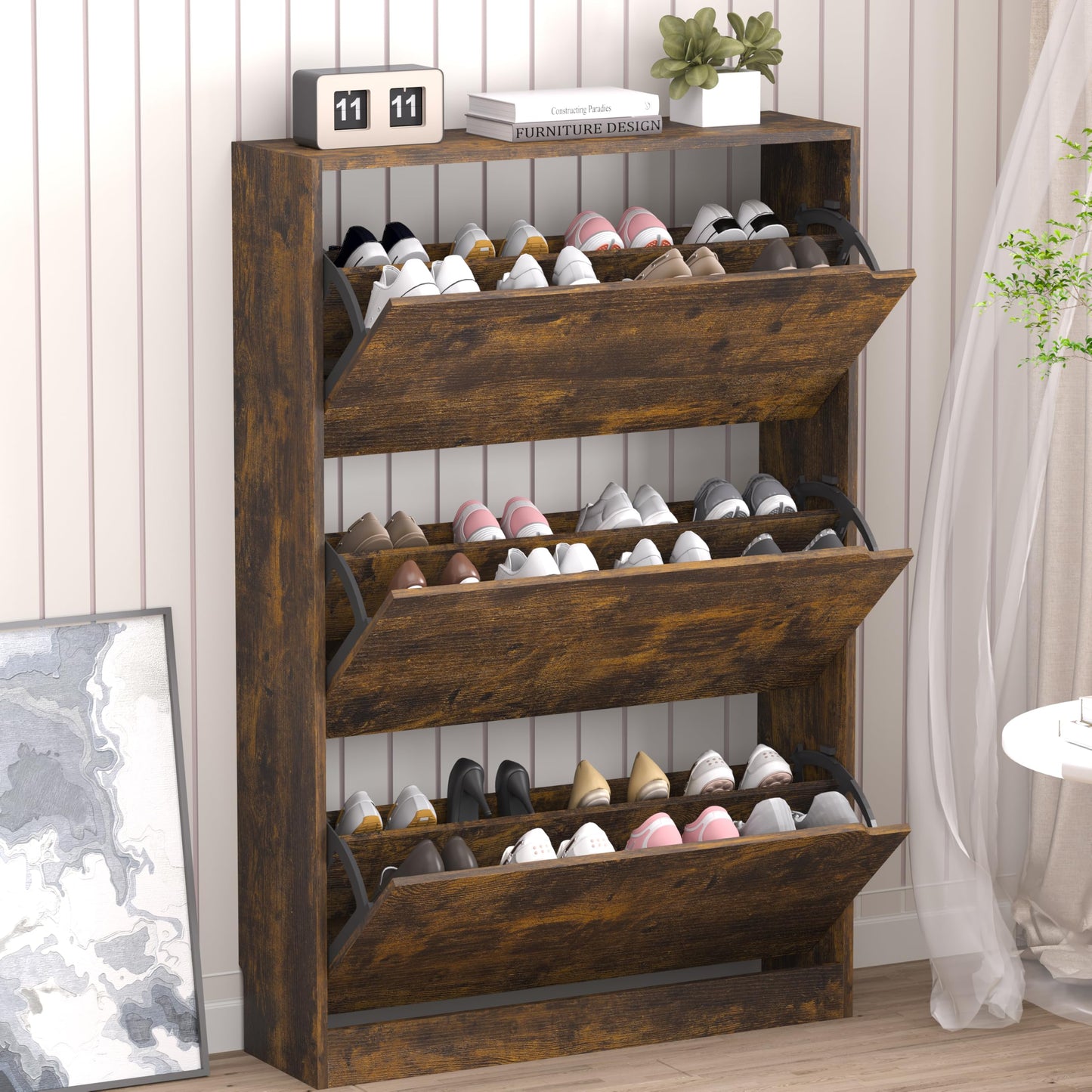 Wooden Shoe Cabinet with Flip Drawers
