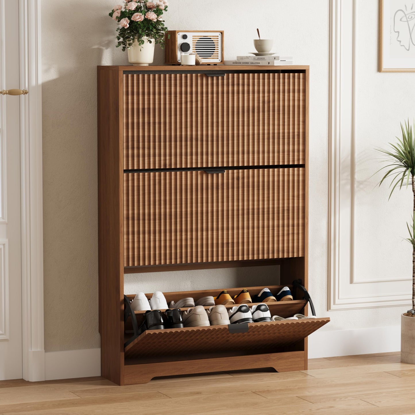 Fluted Shoe Cabinet with Flip Drawers